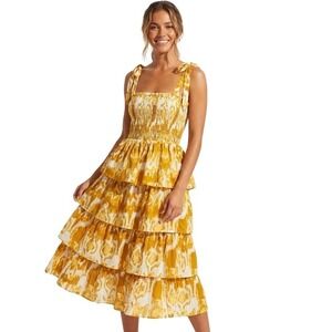 Cleobella Dress Womens L Yellow Tie Dye Smocked Ruffle Tiered Midi Boho Vacation